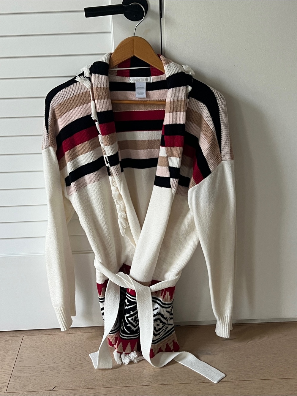Design History Cream Hooded Striped Wrap Cardigan with Black & Burgundy Accents